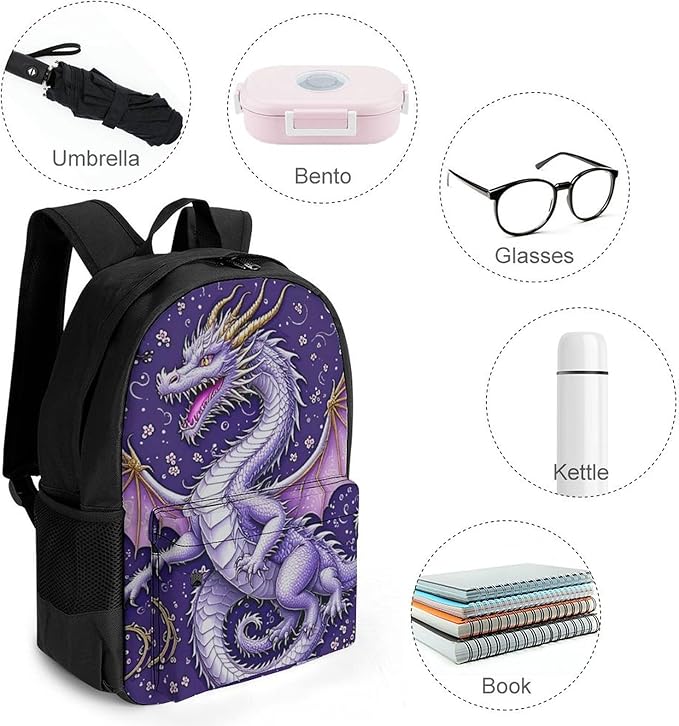 Supdreamc Lightweight Daypack for Camping Business Walking Cycling, Large Capacity Anti-Theft Multipurpose Bookbag, Romantic Music Dragon Cherry Flower Blossom Purple Art Gym Outdoor Hiking Backpack