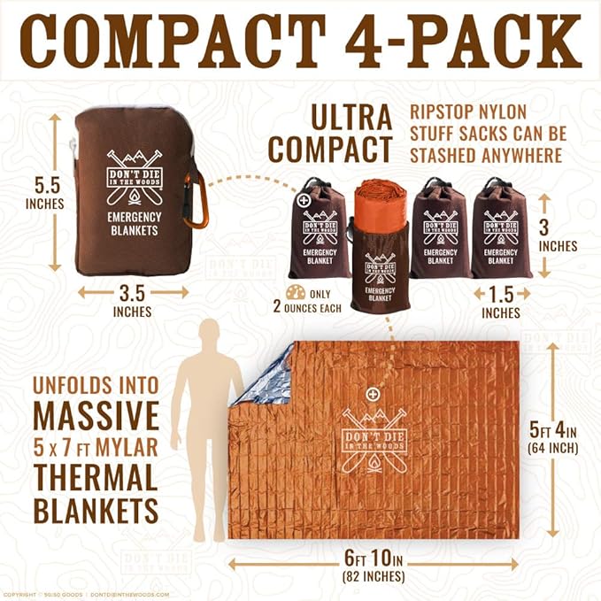 Don't Die In The Woods - Freakin’ Huge Emergency Blankets [4-Pack] Extra-Large Thermal Mylar Space Blankets with Ripstop Nylon Stuff Sacks + Carabiner Zipper Pack [Survival Orange]