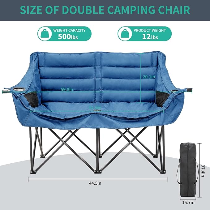 DoCred Double Camping Chair - Oversized Loveseat, 2 Person Camping Chair for Adults Heavy Duty,Two Person Folding Chair with Cup Holder, Supports up to 500 LBS for Outside Picnic Beach Travel