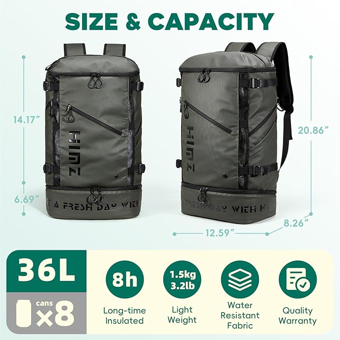 Camping Backpack with Lunch Compartment, Water Resistant Mens Backpack Insulated for Work, 17 inch Laptop Bag, Carry On Backpacks for Airplane Beach Travel, Green