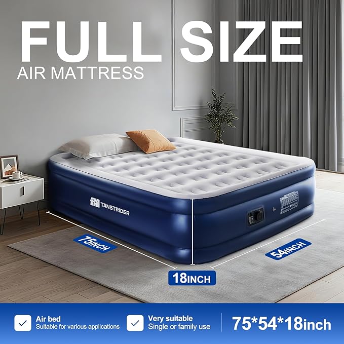 Air Mattress Full with Built in Pump,18'' Raised Inflatable Blow Up Air Bed, 3 Mins Quick Self-Inflation/Deflation Inflatable Bed for Guests & Home, Outdoor Camping and Travel, 600lbs Max