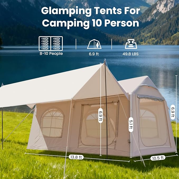 Inflatable Tents for Camping, Blow Up Tent with Hand Pump, Easy Setup Inflatable Hot Tent with Stove Jack, Waterproof Oxford Air Glamping Tents for Camping Adult 4 Person Upgrade Version