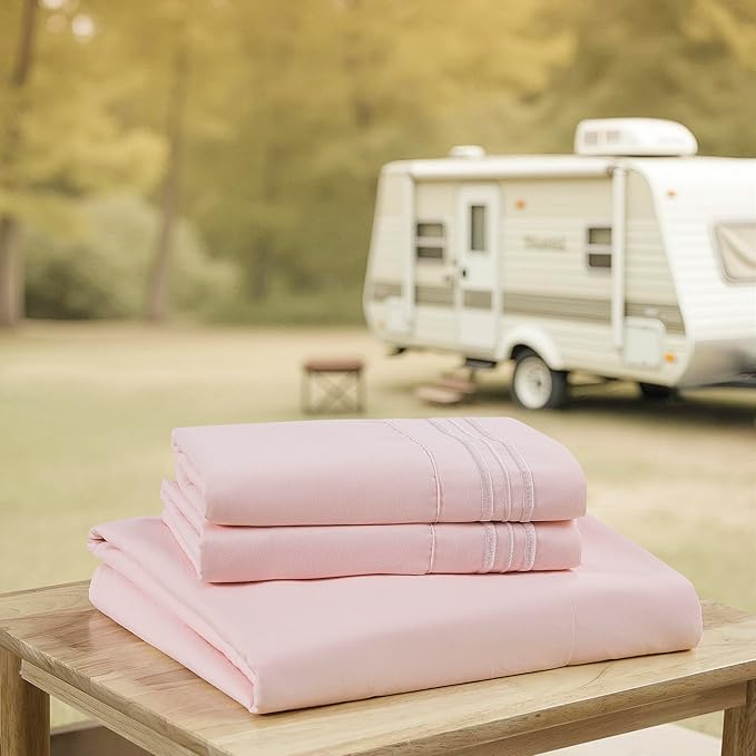 Camping Sheets Queen Size - Outdoor Air Mattress Sheet Set – Built-in Corner Straps for Air Mattress & Camping Use – Designed for Inflatable Beds & Tailgate Sleepovers, Pale Pink
