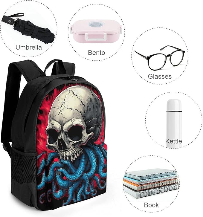 Polyester Daypack Backpack for Climbing Outdoors Running, Big Capacity Multipurpose Anti-Theft Bookbag, Abstract Skull Octopus Tentacles Travel Hiking Camping Rucksack