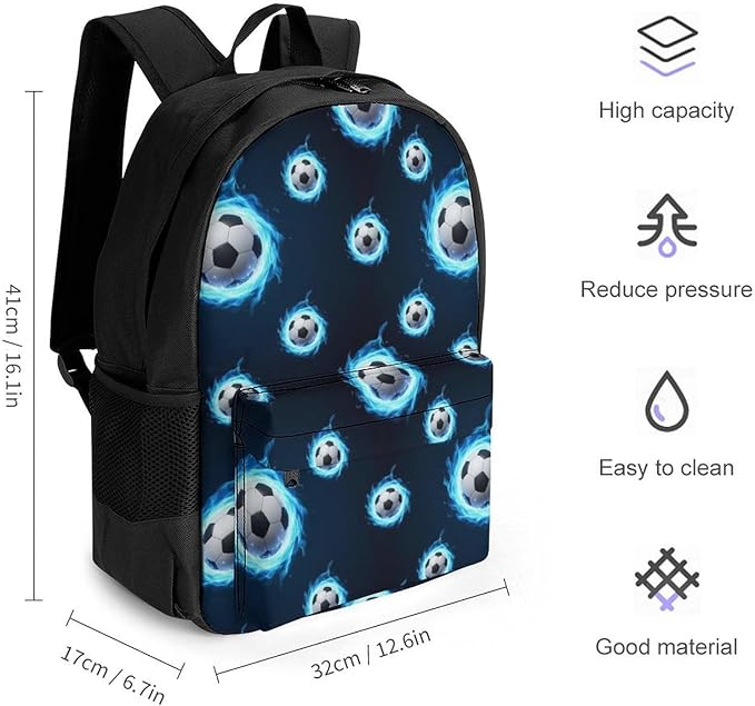 Stylish Outdoor Backpack Gym Bag with Large Capacity for College, Blue Fire Flame Soccer Football College Bookbag