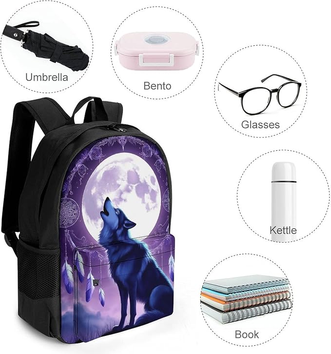 Supdreamc Men Women Polyester Moon Dream Catcher Native American Wolves Daypack Big Capacity Shoulder Bag With Smooth Zippers for Hiking Work Walking Cycling