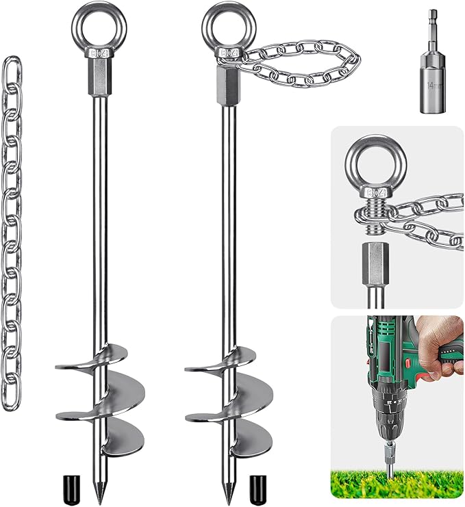 17.5'' Fully Welded Ground Anchors with Chain, 3'' Wider Spiral Trampoline Anchors, 2pcs Mobile Home Anchors, Heavy Duty Earth Anchors for Sheds, Swing Sets, Canopies, Carports
