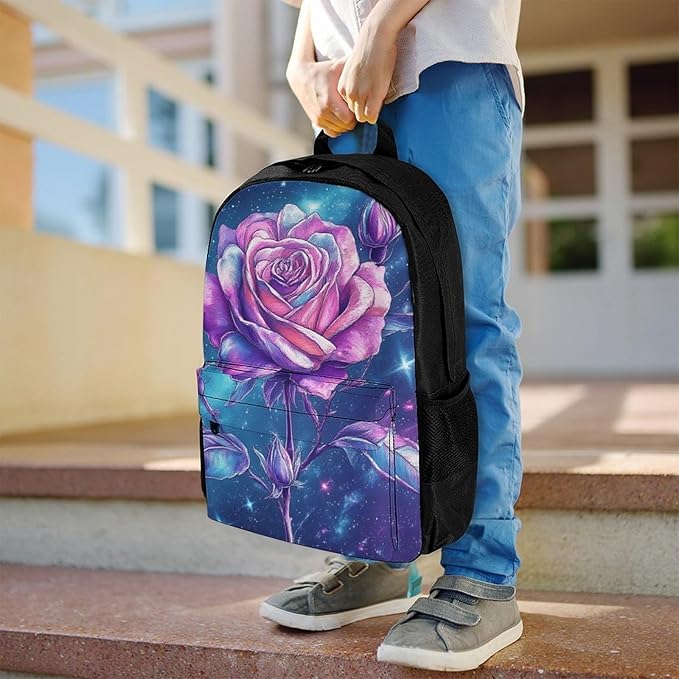 Supdreamc Daypack Bookbag Multipurpose Anti-Theft Big Capacity Carry On Bag, Space Galaxy Flower Glitter Rose Art Travel Hiking Camping Rucksack With Padded Straps