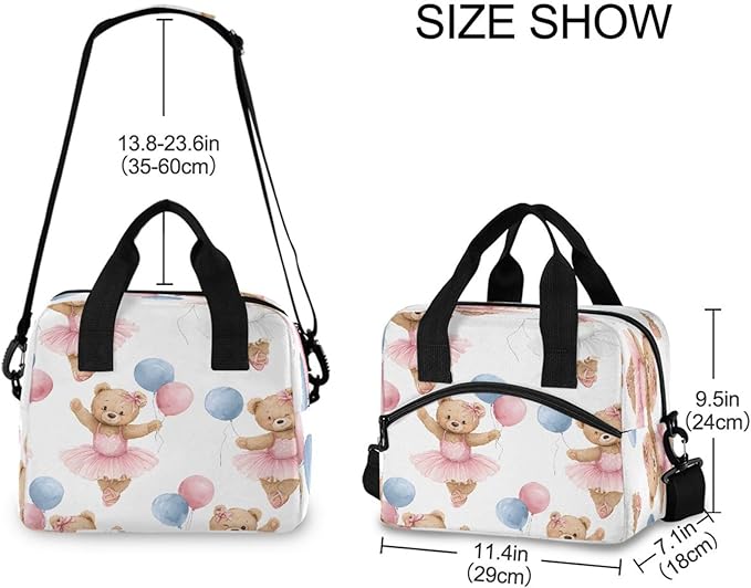 ALAZA Ballerina Bear Balloon Pattern Lunch Box for Men Women Adults Insulated Lunch Bag Cooler Bag with Adjustable Shoulder Strap for Work Picnic Travel