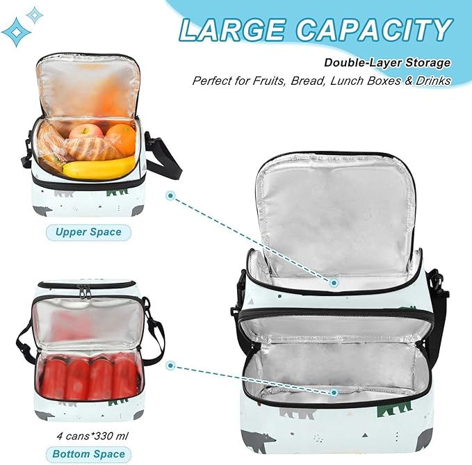 Double-layer Lunch Bag Bears Double Deck Cooler Bags with Strong Support for Beach, Travel, Car