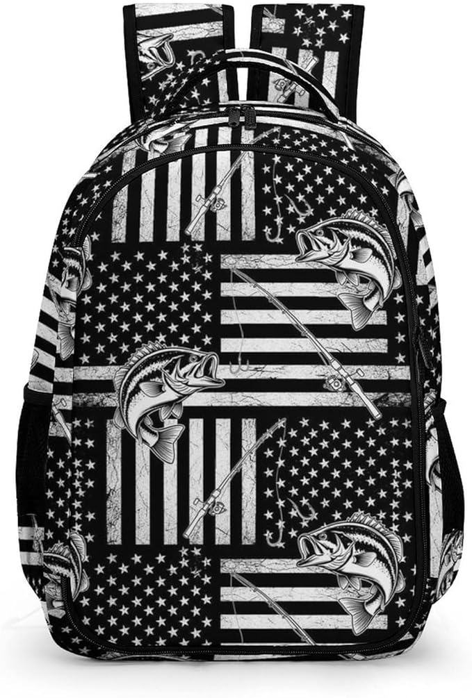 Waterproof Hiking Backpack Black And White American Bass Fishing Flag, Anti Theft Travel Laptop Rucksack with Multi Compartments for Men Women Outdoor Sports