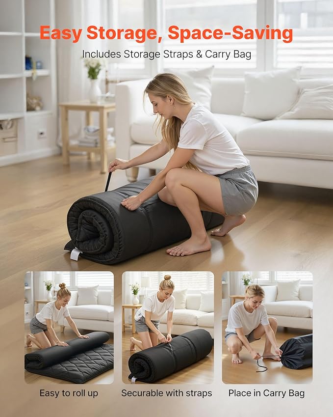 VEVOR 9-Layer Japanese Futon Mattress, 3.5" Thick Full Tatami Mat, Foldable Roll Up Mattress for Sleeping with Storage Bag, Portable Floor Mattress for Camping Dormitory Yoga, Black