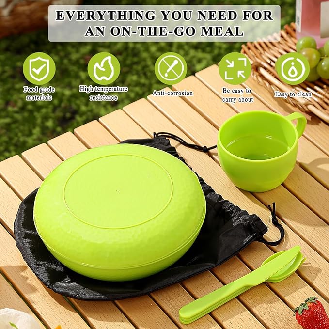Berglander Camping Mess Kit with Bowl, Plate, Cup, Spoon, Fork, Knife and Carry Bag, Save Space, Easy to Carry, Plastic Camping Essentials Utensils for Travel, Picnic, Outdoor (Green)