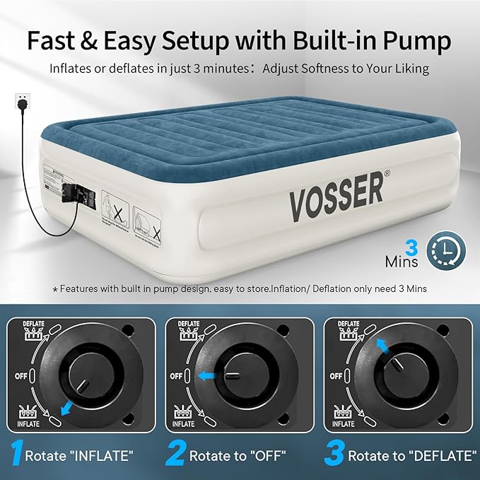 Queen Air Mattress with Built-in Pump,18'' Raised Blow Up Mattress, Leak-Proof Air Bed with Storage Bag, Flocked Top Inflatable Mattress for Home, Camping & Guests，800lbs