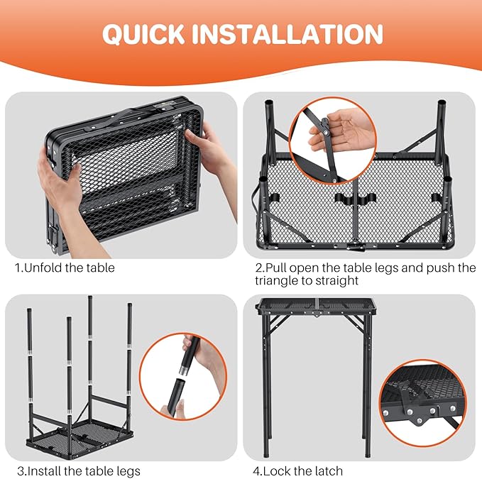 FUNYKICH Folding Grill Table for Outside(23''x16''), Max Height 29.4'' Portable Camping Tables(3 Adjustable Height), Lightweight Aluminum BBQ Table with Portable Handle for Camping, Picnic, BBQ, Black