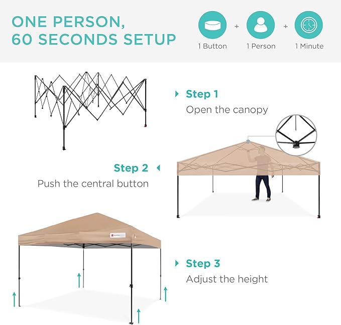 Best Choice Products 12x12ft Pop Up Canopy Tent, Outdoor Shade, 1 Person 1 Minute Set Up, Carry Case, 4 Weight Bags - Tan