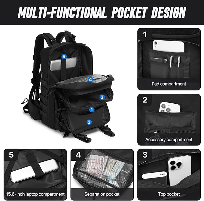 Tactical Backpack for Men, Water Resistant 46L Military Backpack, Large Army 3 Day Assault Pack for Hiking, Camping, Gym with Molle System, Black