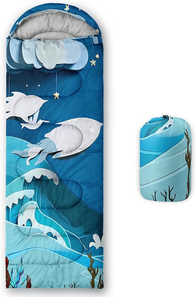 Kids Sleeping Bag for Boys Girls,Cartoon Blue Unicorn Print-Lightweight Warm Portable Outdoor Indoor-Waterproof Cold Weather Resistant Sleeping Bag for Camping Hiking