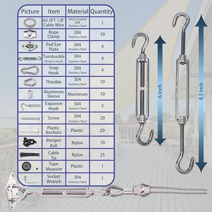 Shade Sail Hardware Kit 6 inch with 65.5FT 1/8" Wire Rope Kit for Triangle Rectangle Sun Shade Sail Outdoor Installation turnbuckles for Cables Wire for Outdoor,Garden,Kitchen,Craft,123PCS
