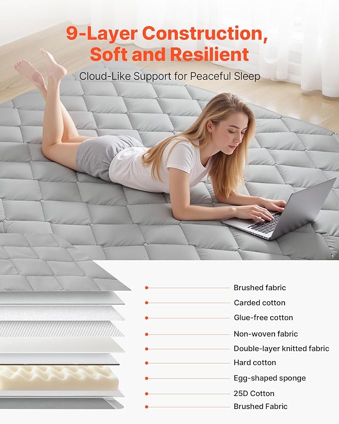 VEVOR 9-Layer Japanese Futon Mattress, 3.5" Thick Queen Tatami Mat, Foldable Roll Up Mattress for Sleeping with Storage Bag, Portable Floor Mattress for Camping Dormitory Yoga, Gray
