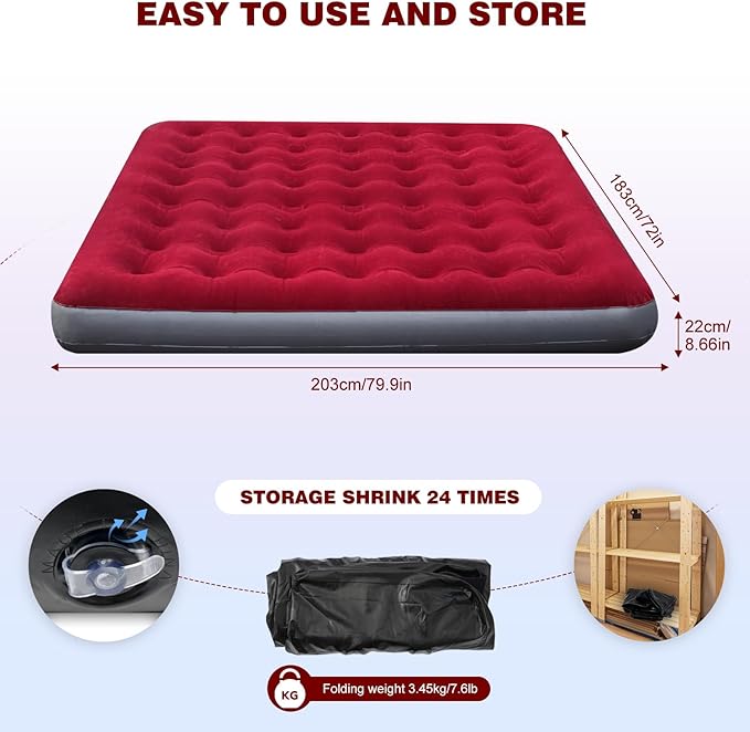 King Size Camping Air Mattress Bed with Air Pump,80"x 72"Thickened Portable Blow Up Inflatable Air Mattress,Travel Sleeping Bed Pad for Camping Home Hiking