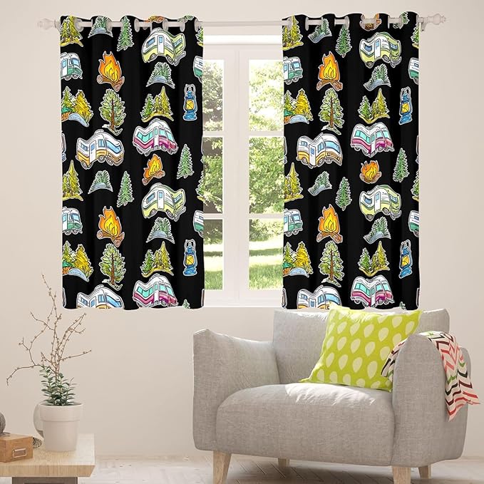 Feelyou Vintage Camper Decor Curtains for Bedroom Living Room Rustic Camping Trailer Blackout Darkening Drapes Happy Camping Theme Window Treatments, 2 Panels 52 x 96 Inch Room Decor