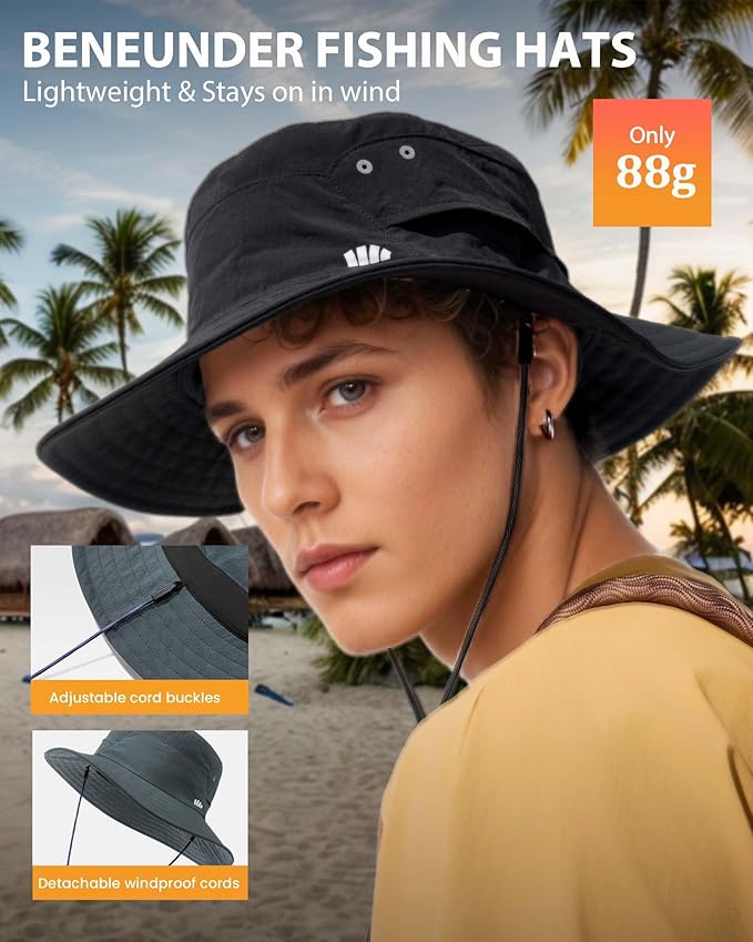 BENEUNDER Wide Brim Sun Hats for Men UPF50+ UV Protection Fishing Travel Outdoor Beach Vacation Hiking