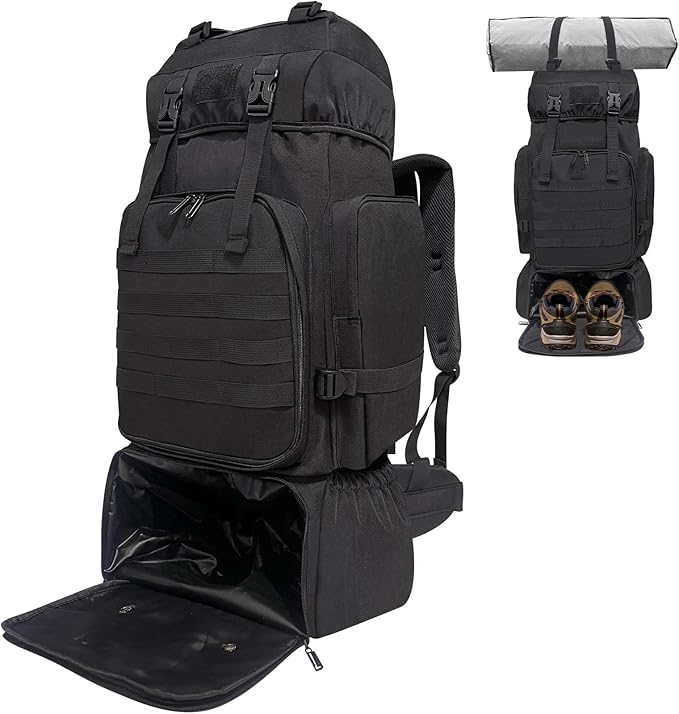Hiking Backpack, 80L Molle Military Tactical Rucksack, Camping Backpack with Shoe Compartment, Lightweight Rucksack for Men, Water Resistant Hiking Daypack Survival Bag Hiking Bag (Black)