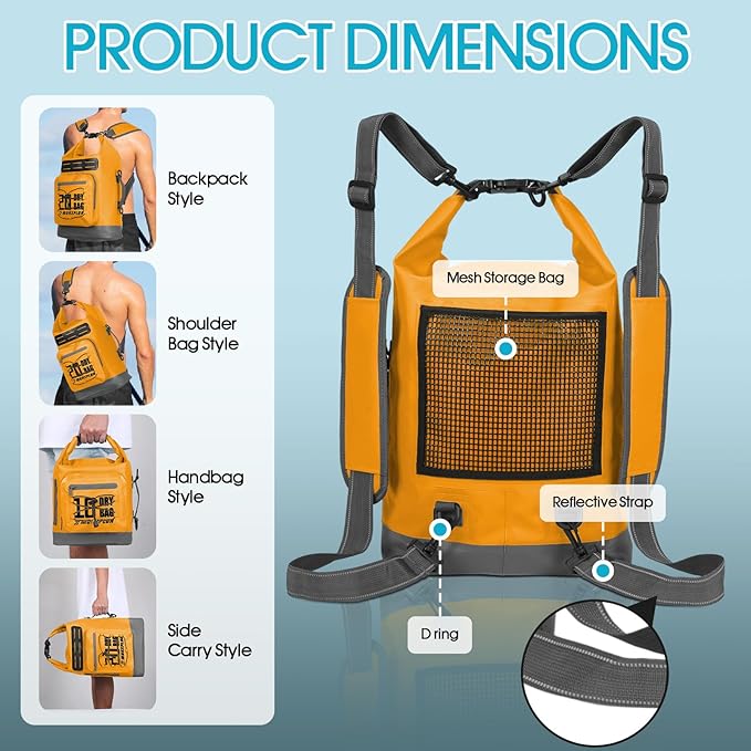 Dry Bag Waterproof,5L/10L/20L/30L Roll Top Dry Bag Backpack with WaterProof Phone Case for Swim,Kayak(Orange 5L)