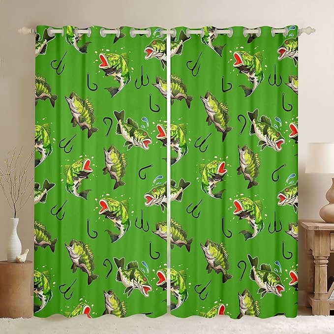 Manfei Fishing Blackout Curtains Green Pike Fish Window Drapes,Fishing and Hunting Theme Window Treatments,Kids Boys Girls Room Decor,Grommet Top 2 Panel Set Bedroom Curtains, 52Wx90L inch