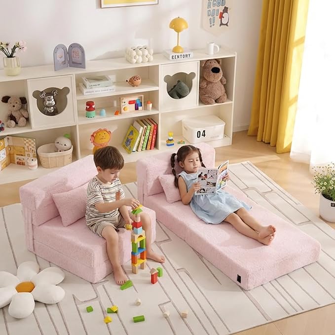 Folding Sofa Bed Floor Mattress for Kids with Pillow, Toddler Washable Folding Floor Nap Mat for Daycare, Child Fold Up Sofa Futon Chair Bed with Storage Bag for Playroom, Camping