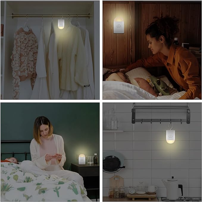 Motion Sensor LED Night Lights Warm White with Adjustable Brightness Rechargeable Battery, with Hook and Stick-On for Cabinet, Wardrobe,Closet,Hallway, Stairs (2 Pack)