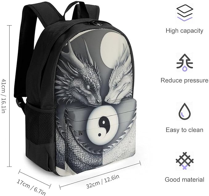 Lightweight Daypack Bookbag for Trekking Business Walking Cycling, Big Capacity Anti-Theft Multipurpose Carry On Bag, Dragon Yin Yang Business Computer Bag