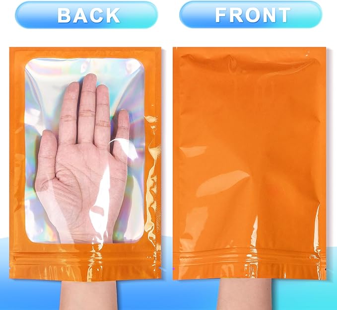 100 Pieces Smell Proof Mylar Bags- Resealable Holographic Packaging Pouch Bag with Clear Window for Food Storage Eyelash Jewelry Electronics Storage (Orange, 2.8 x 4 Inch)