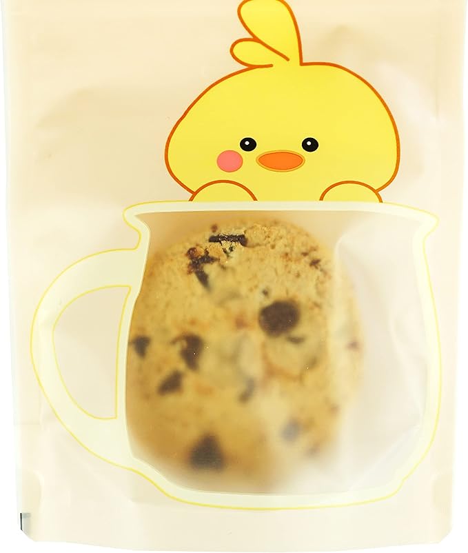 QQ Studio 100 Animal Designed Snack Bags, Plastic Bakery Bags, Cute Favor Bags for Snacks, Pastel Cookie Bags with Window, Zipper Seal Treat Storage Bags (6.25 Inch x 9 Inch, Peachy Duckling)