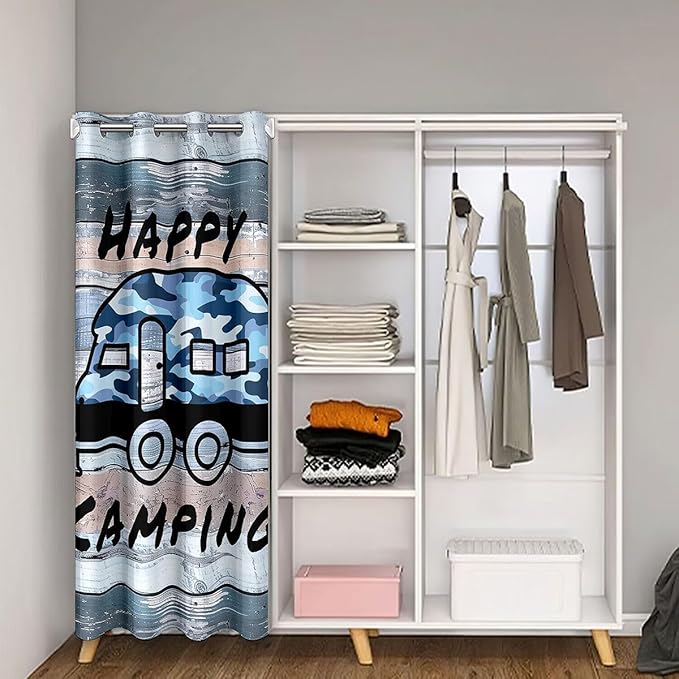 Camper Adventure Door Curtain,RV Trailer Pine Tree Natural Rustic Blackout Curtain,Wooden Plank Cottage Farmhouse Bedroom Doorway Living Room Decor,Camo Blue Privacy Door Drape 1 Panel,52" W X 80" L