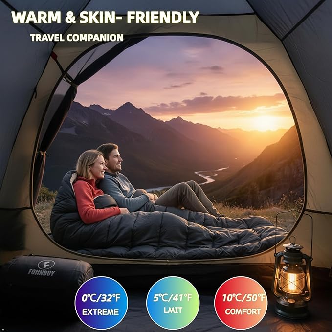 Double Sleeping Bag for Adults, XL Queen Size 2 Person Waterproof Sleeping Bag for Cold Weather & Warm, Perfect for Couples Family RV Travel and Tent Camp