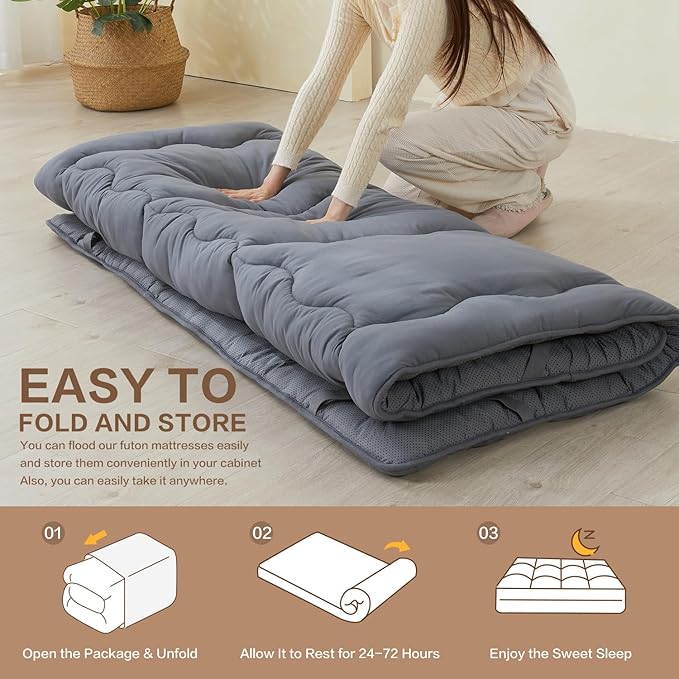SAPHREAS Japanese Futon Mattress Floor Mattress Twin, Foldable Roll Up Bed Mattress Topper with Elastic Straps, Tatami Mat Sleeping Pad for Camping, Grey
