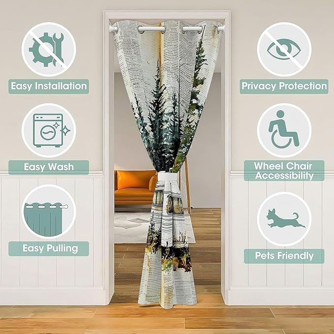 Vintage Camper Doorway Curtains Privacy - Retro Woodland Scene Blackout Curtain Vintage Newspaper Texture Closet Door Curtain Rustic Farmhouse Camping Trailer Room Divider Drape 52"W x 84"L