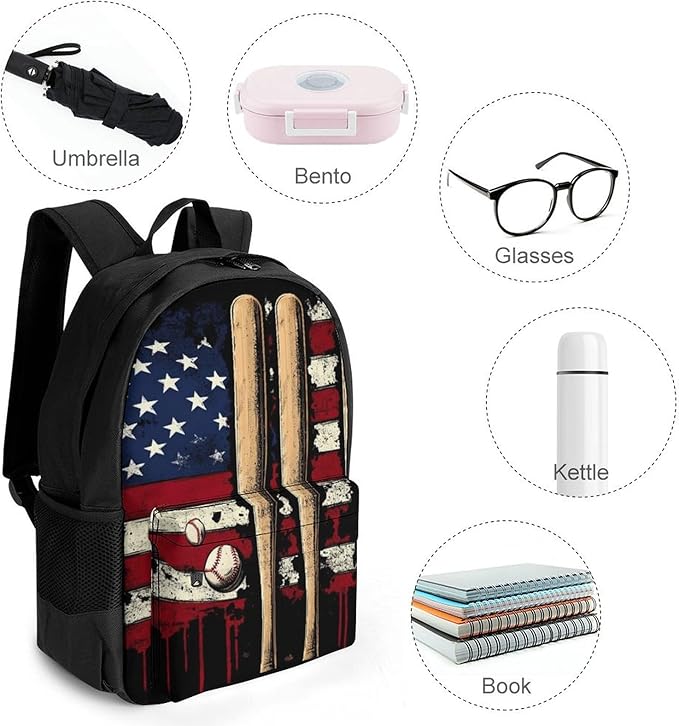 Supdreamc Men Women Polyester Patriotic Usa Retro American Flag Baseball Print Backpack Large Capacity Bookbag With Smooth Zippers for Climbing Picnic Bicycle