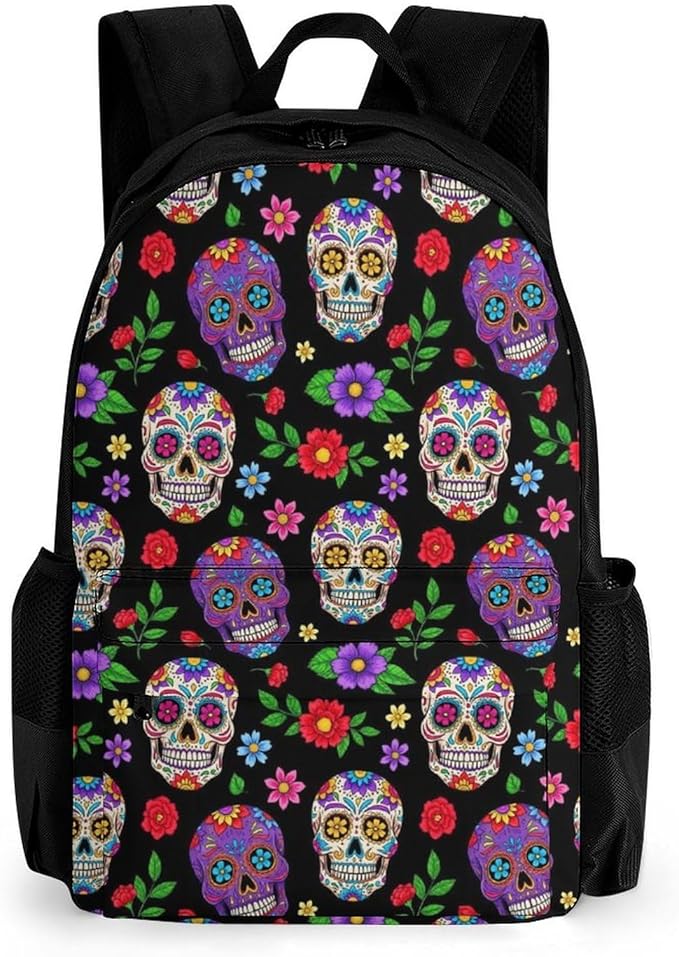 Men Women Polyester Purple Mexican Sugar Skulls Day Of The Dead Floral Flowers Art Daypack Backpack Large Capacity Carry On Bag With Smooth Zippers for Hiking Picnic Walking Cycling