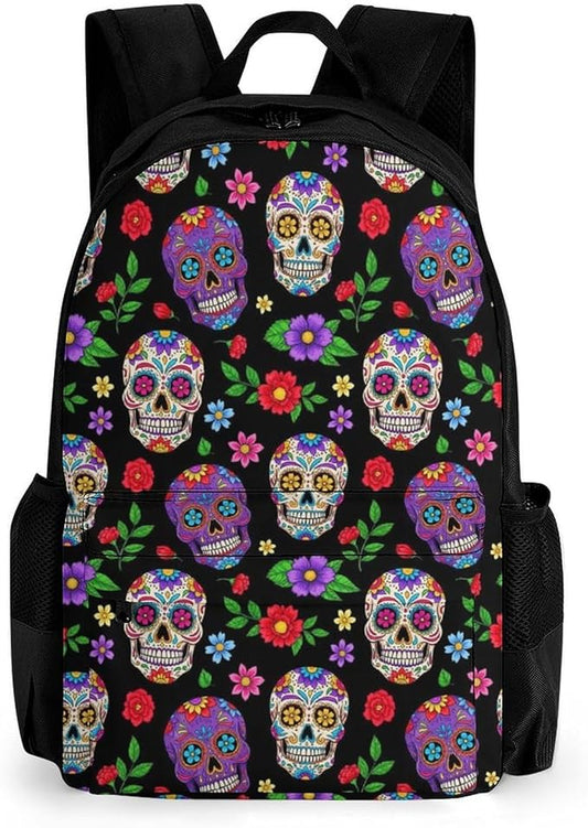 Men Women Polyester Purple Mexican Sugar Skulls Day Of The Dead Floral Flowers Art Daypack Backpack Large Capacity Carry On Bag With Smooth Zippers for Hiking Picnic Walking Cycling