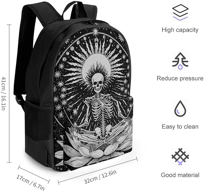 Women Men Polyester Seven Star Meditation Skeleton Skull Black Casual Daypack Large Capacity Bookbag With Side Pockets for Sports Picnic Walking Cycling