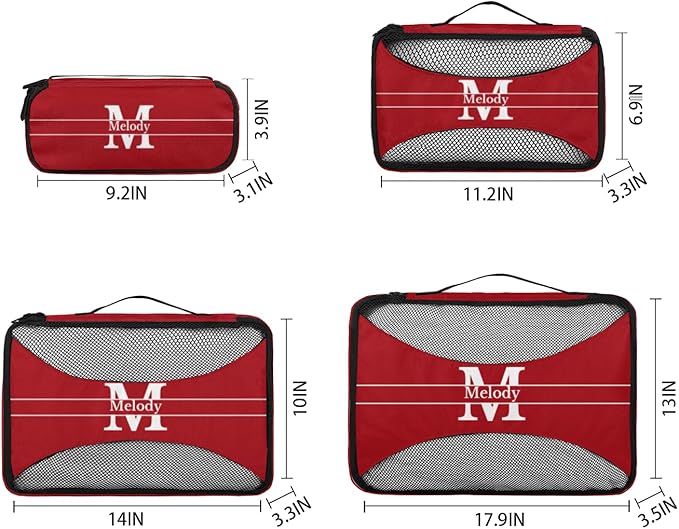 4pc Personalized Name Packing Cubes for Travel - Luggage Packing Organizers - Travel Packing Cubes for Suitcases, Solid Red Color with Initial Letter