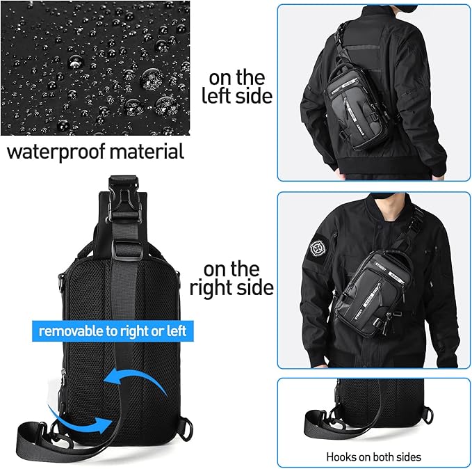 SEAFEW Anti Theft Sling Crossbody Backpack Shoulder Bag for Men, Lightweight One Strap Motorcycle Back Pack Sling Bag Backpack for Hiking Walking Biking Travel Cycling with USB Charger Port