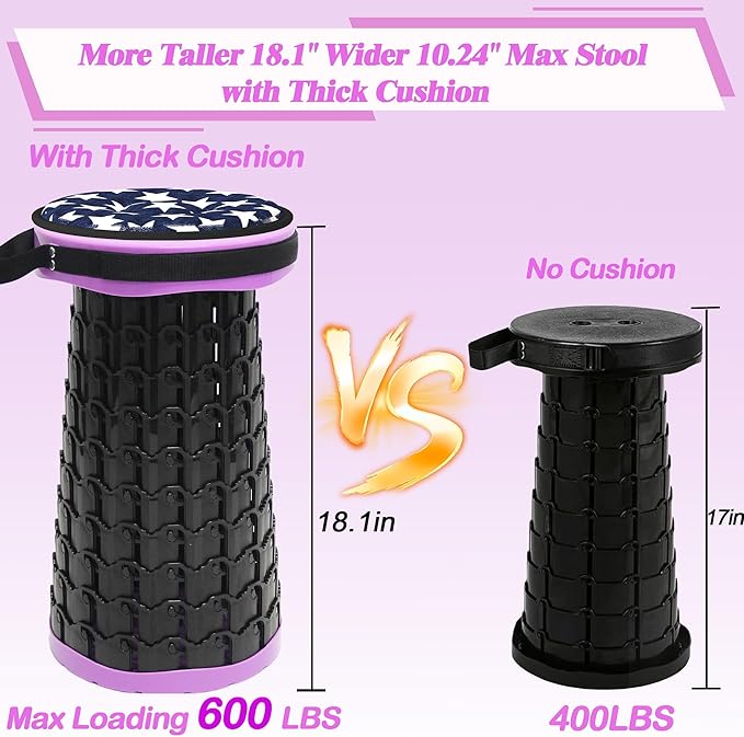 ALEVMOOM Collapsible Stool with Cushion, H18.1 D10.24 Portable Telescoping More Sturdy Load Capacity 600Lbs, Retractable Adjustable Camping Folding Stool for Outdoor Hiking BBQ Climb