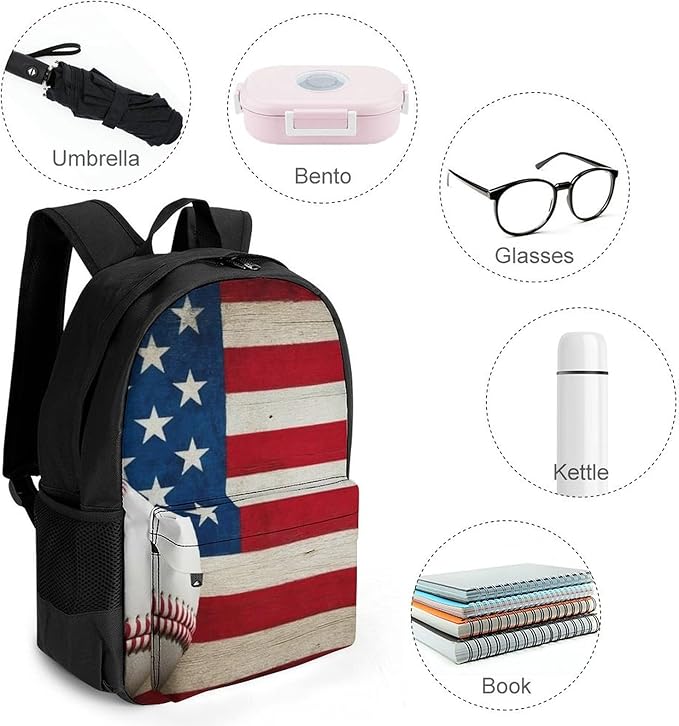 Polyester Daypack Backpack for Trekking Picnic Walking Cycling, Large Capacity Anti-Theft Multipurpose Shoulder Bag, Baseball Rustic Wooden American Flag Casual Daypack