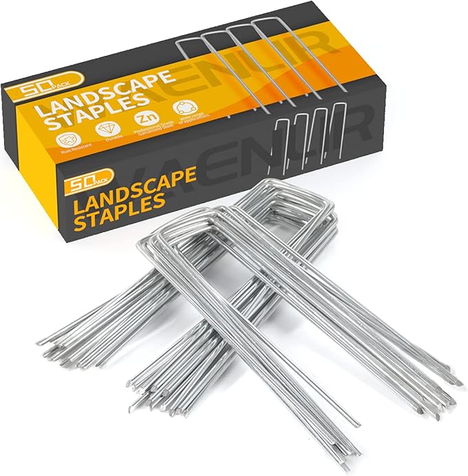 WAENLIR 6 inch 50 Pack Landscape Staples Galvanized Garden Stakes, Metal Landscape Fabric pins Plant Cover Stakes Yard Stakes Tent stakesfor Securing Weed Fabric Barrier, Artificial Turf