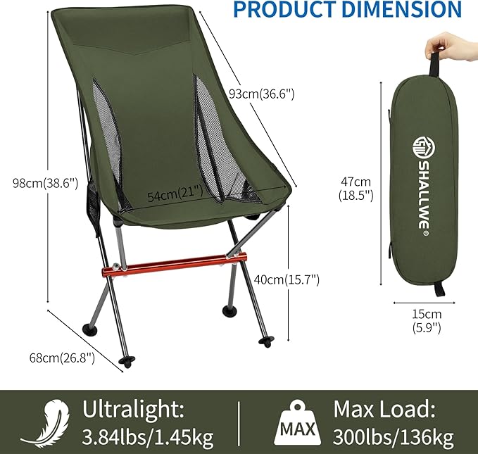 SHALLWE Camping Chairs, All Aluminum Frame Portable Folding Camp Chair for Adults, Heavy Duty High Back Collapsible with Built-in Pillow, Side Pocket, Carry Bag for Backpacking, Hiking, Beach