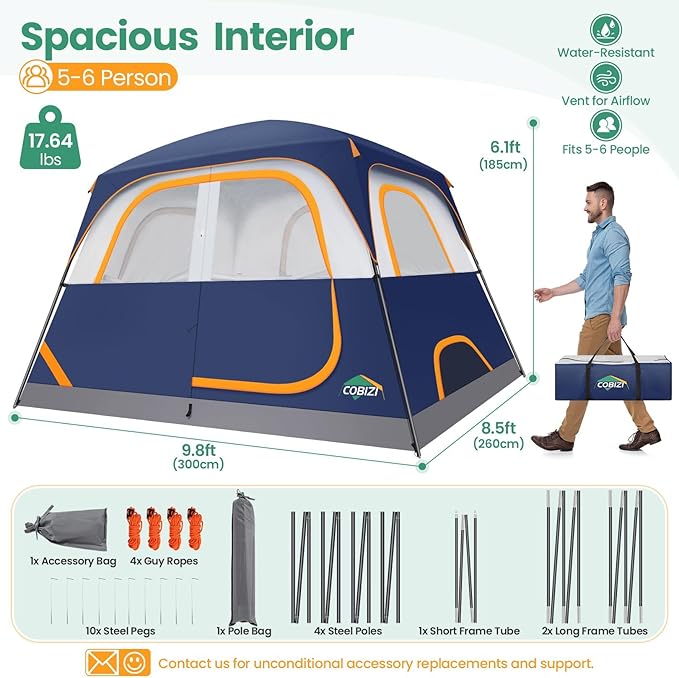 COBIZI 4-6-8-10 Person Camping Tent, Spacious Family Tents for Camping Ideal, Hiking, 3500mm Waterproof Double-Layer Windproof Tent for Hiking & Backpacking